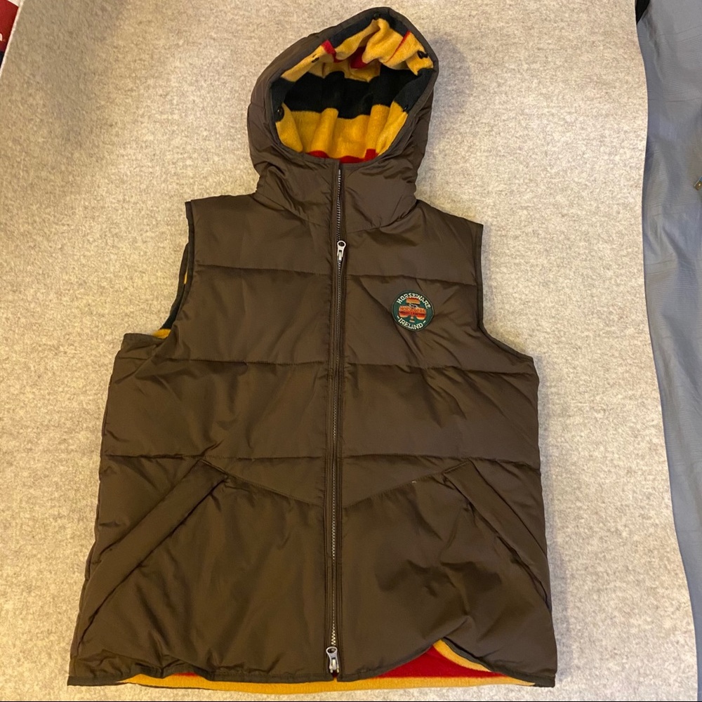 Brown Hooded Puffer Vest with Striped Lining